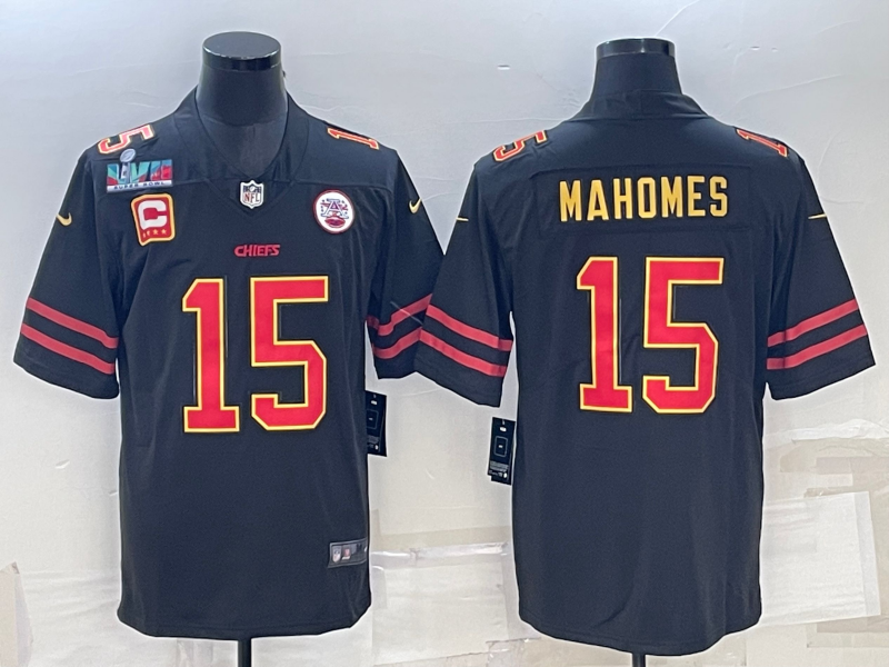 Men??s Kansas City Chiefs #15 Patrick Mahomes Black Red Gold Super Bowl LVII Patch And 4-star C Patch Vapor Untouchable Limited Stitched Jersey